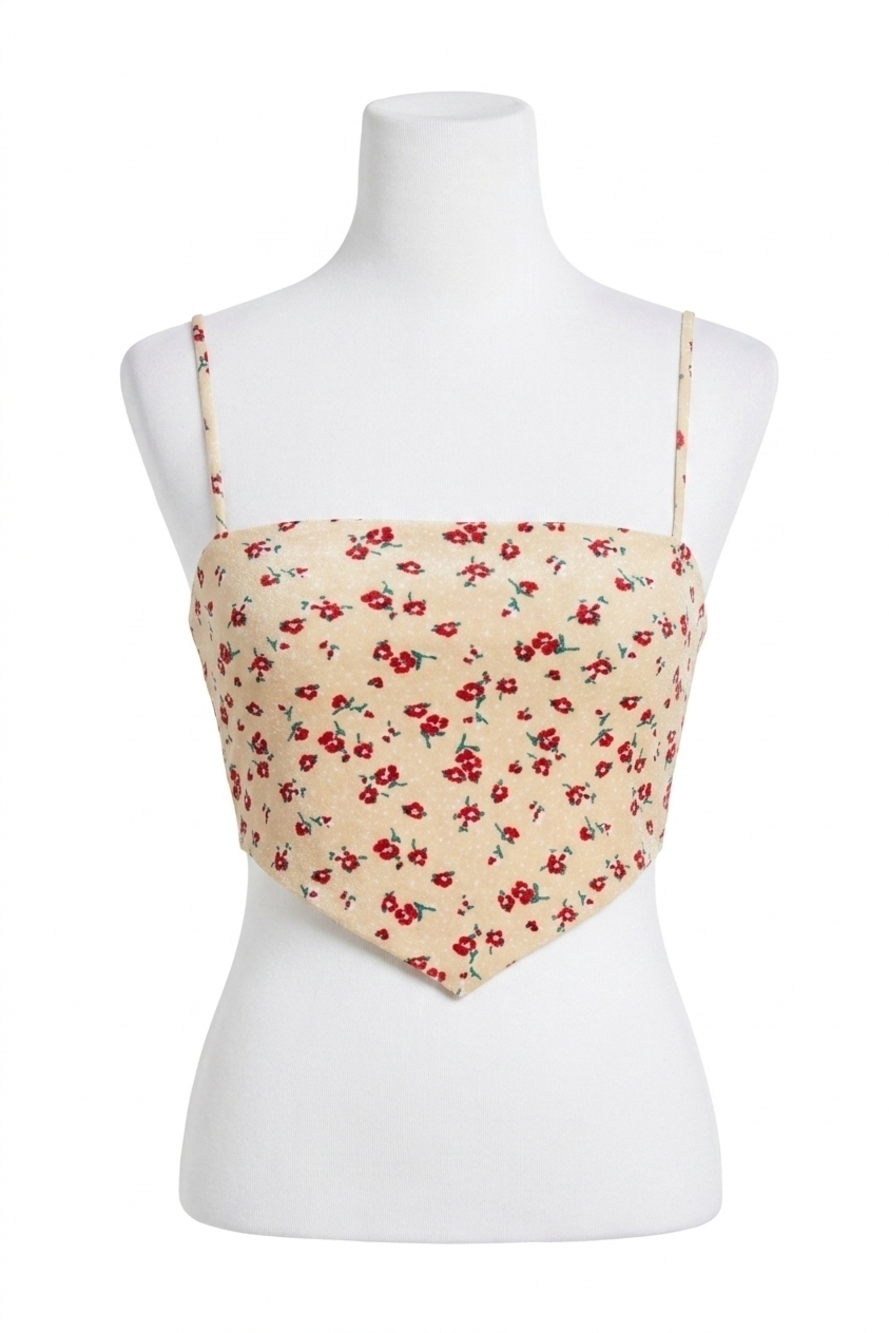 NEW ENDLESS BLU. floral stretch-crepe handkerchief top in beige